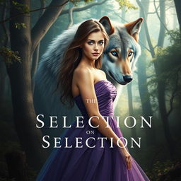 A captivating book cover in the style of 'The Selection' by Kiera Cass, featuring a young woman with sapphire blue eyes elegantly dressed in a flowing gown, standing confidently in the foreground