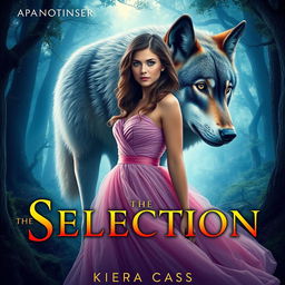 A captivating book cover in the style of 'The Selection' by Kiera Cass, featuring a young woman with sapphire blue eyes elegantly dressed in a flowing gown, standing confidently in the foreground