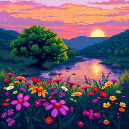 A vibrant pixel art landscape featuring colorful flowers in the foreground, a tranquil river flowing behind them, and a large tree positioned near the riverbank