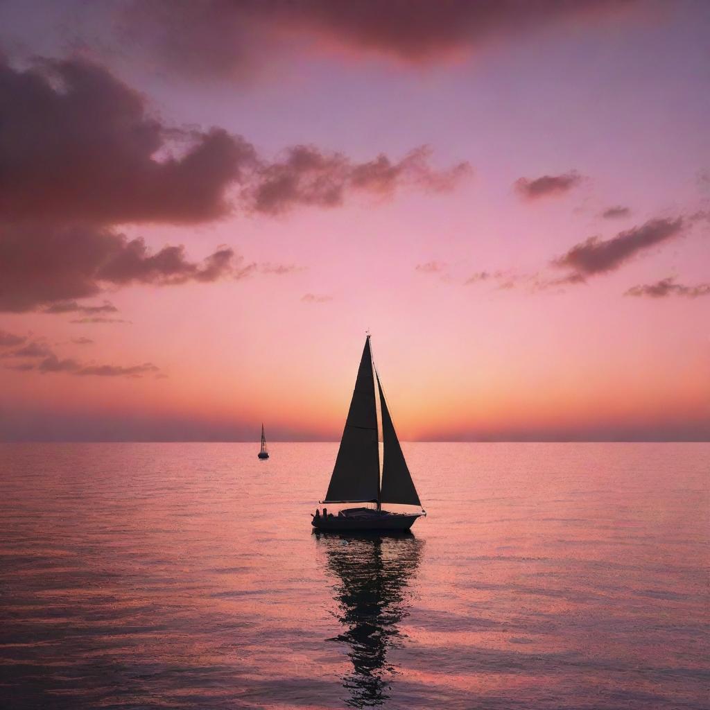 Render an immersive and mesmerizing sunset over a calm ocean, complete with vibrant hues of orange and pink reflecting off the water and the silhouette of a majestic sailboat in the distance.