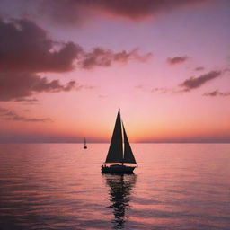 Render an immersive and mesmerizing sunset over a calm ocean, complete with vibrant hues of orange and pink reflecting off the water and the silhouette of a majestic sailboat in the distance.