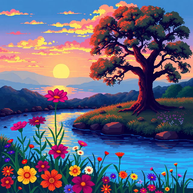 A vibrant pixel art landscape featuring colorful flowers in the foreground, a tranquil river flowing behind them, and a large tree positioned near the riverbank