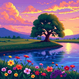 A vibrant pixel art landscape featuring colorful flowers in the foreground, a tranquil river flowing behind them, and a large tree positioned near the riverbank