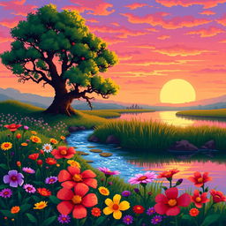 A vibrant pixel art landscape featuring colorful flowers in the foreground, a tranquil river flowing behind them, and a large tree positioned near the riverbank