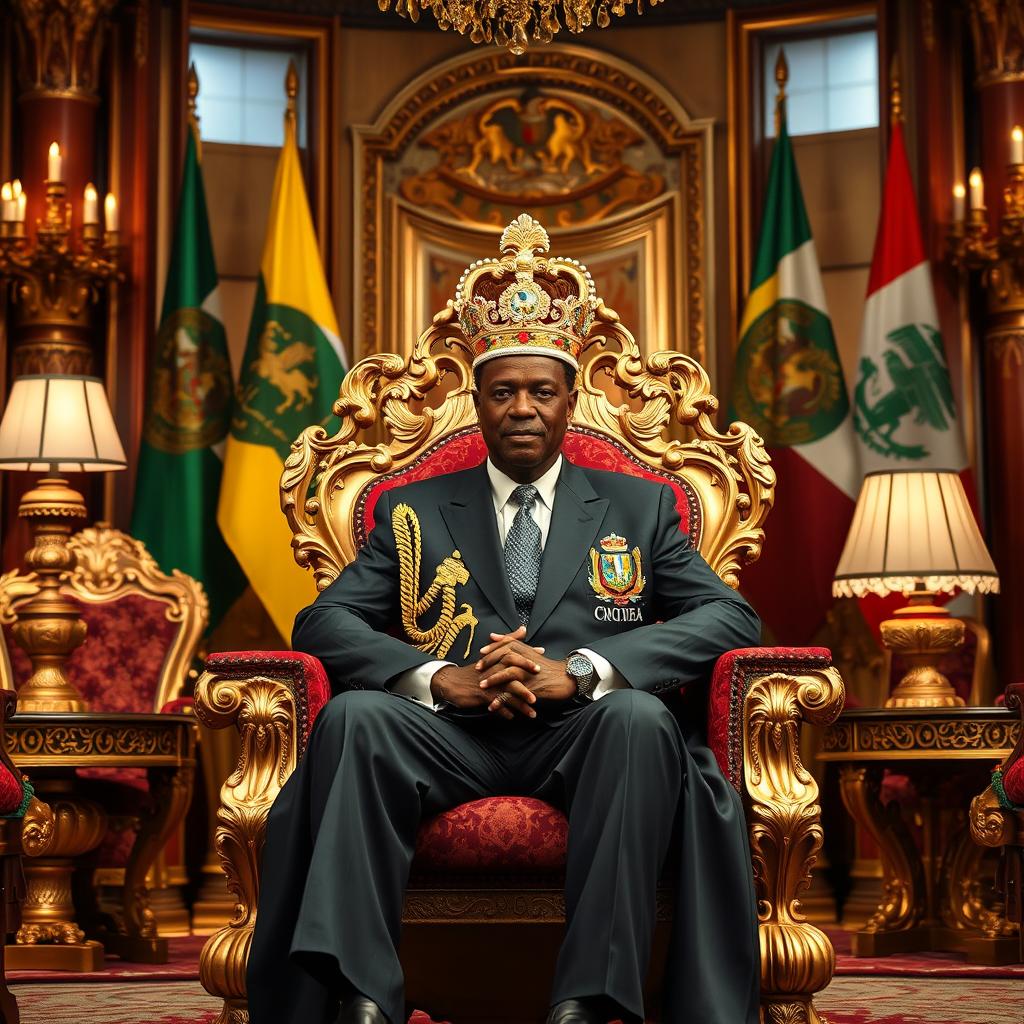 Teodoro Obiang Nguema, the President of Equatorial Guinea, depicted sitting majestically on an ornate gold throne in a lavish African palace