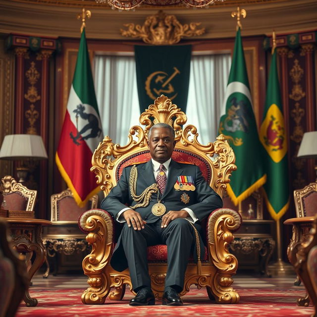 Teodoro Obiang Nguema, the President of Equatorial Guinea, depicted sitting majestically on an ornate gold throne in a lavish African palace