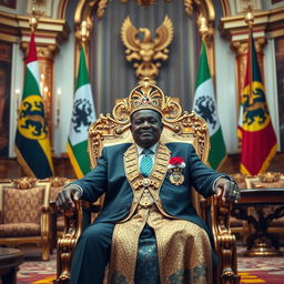 Teodoro Obiang Nguema, the President of Equatorial Guinea, depicted sitting majestically on an ornate gold throne in a lavish African palace