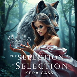 A stunning book cover inspired by 'The Selection' by Kiera Cass, featuring a young woman with sapphire blue eyes looking at a sparkling crown with determination