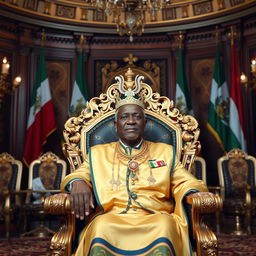 Teodoro Obiang Nguema, the President of Equatorial Guinea, depicted sitting majestically on an ornate gold throne in a lavish African palace