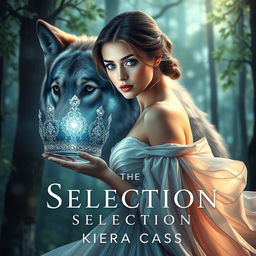 A stunning book cover inspired by 'The Selection' by Kiera Cass, featuring a young woman with sapphire blue eyes looking at a sparkling crown with determination