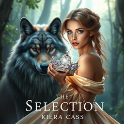 A stunning book cover inspired by 'The Selection' by Kiera Cass, featuring a young woman with sapphire blue eyes looking at a sparkling crown with determination