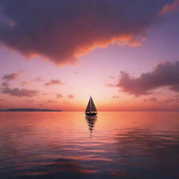 Render an immersive and mesmerizing sunset over a calm ocean, complete with vibrant hues of orange and pink reflecting off the water and the silhouette of a majestic sailboat in the distance.