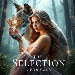 A stunning book cover inspired by 'The Selection' by Kiera Cass, featuring a young woman with sapphire blue eyes looking at a sparkling crown with determination