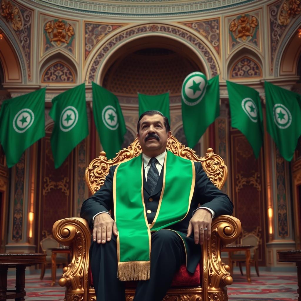 Ben Ali, the former President of Tunisia, depicted sitting regally on an ornate gold throne in an opulent Arabian palace