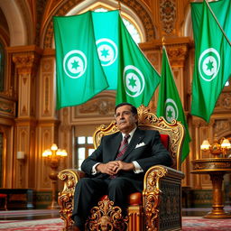 Ben Ali, the former President of Tunisia, depicted sitting regally on an ornate gold throne in an opulent Arabian palace