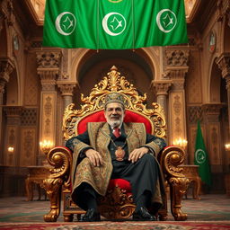 Ben Ali, the former President of Tunisia, depicted sitting regally on an ornate gold throne in an opulent Arabian palace