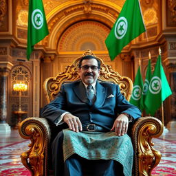 Ben Ali, the former President of Tunisia, depicted sitting regally on an ornate gold throne in an opulent Arabian palace