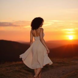 A serene scene of a woman with light skin and curly hair walking gracefully toward a breathtaking sunset