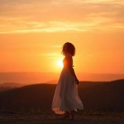 A serene scene of a woman with light skin and curly hair walking gracefully toward a breathtaking sunset