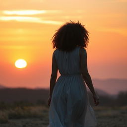 A serene scene of a woman with light skin and curly hair walking gracefully toward a breathtaking sunset