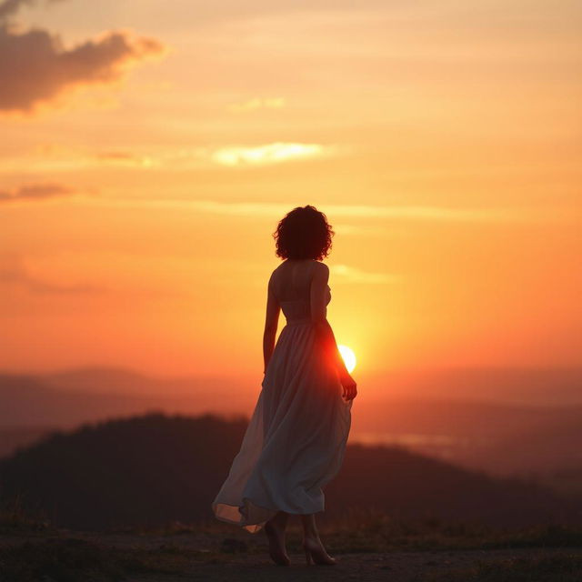 A serene scene of a woman with light skin and curly hair walking gracefully toward a breathtaking sunset