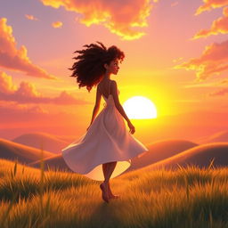 A vibrant animated scene showcasing a woman with light skin and curly hair walking gracefully toward a breathtaking sunset