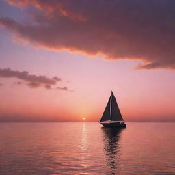 Render an immersive and mesmerizing sunset over a calm ocean, complete with vibrant hues of orange and pink reflecting off the water and the silhouette of a majestic sailboat in the distance.