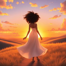 A vibrant animated scene showcasing a woman with light skin and curly hair walking gracefully toward a breathtaking sunset