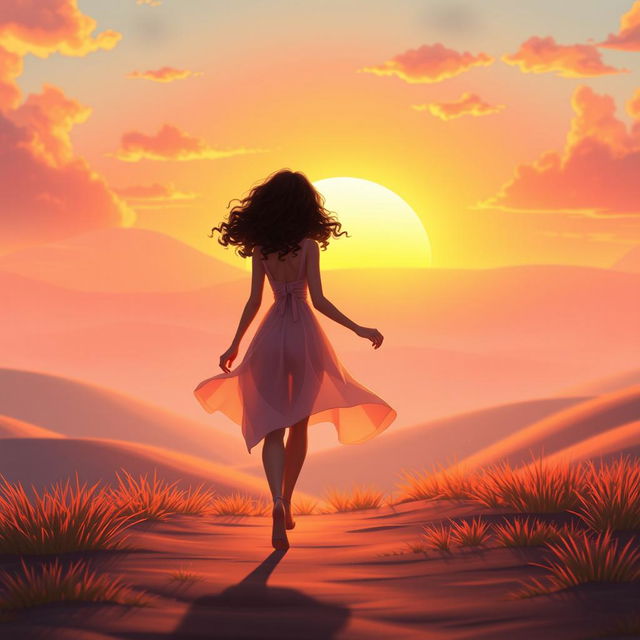 A vibrant animated scene showcasing a woman with light skin and curly hair walking gracefully toward a breathtaking sunset