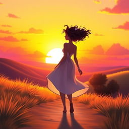 A vibrant animated scene showcasing a woman with light skin and curly hair walking gracefully toward a breathtaking sunset