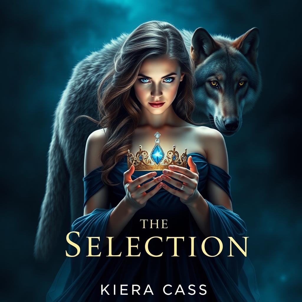 A mesmerizing book cover inspired by 'The Selection' by Kiera Cass, featuring a young woman with striking sapphire blue eyes, gazing with determination at a sparkling diadem in her hands