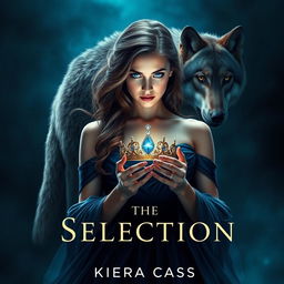 A mesmerizing book cover inspired by 'The Selection' by Kiera Cass, featuring a young woman with striking sapphire blue eyes, gazing with determination at a sparkling diadem in her hands