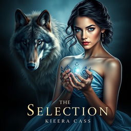 A mesmerizing book cover inspired by 'The Selection' by Kiera Cass, featuring a young woman with striking sapphire blue eyes, gazing with determination at a sparkling diadem in her hands