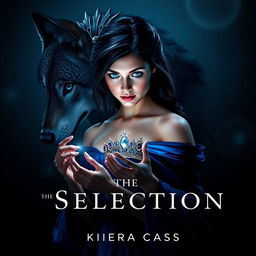 A mesmerizing book cover inspired by 'The Selection' by Kiera Cass, featuring a young woman with striking sapphire blue eyes, gazing with determination at a sparkling diadem in her hands