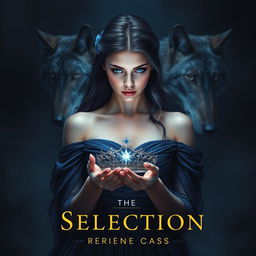 A mesmerizing book cover inspired by 'The Selection' by Kiera Cass, featuring a young woman with striking sapphire blue eyes, gazing with determination at a sparkling diadem in her hands