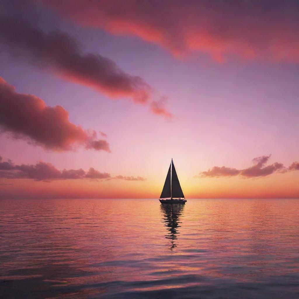 Render an immersive and mesmerizing sunset over a calm ocean, complete with vibrant hues of orange and pink reflecting off the water and the silhouette of a majestic sailboat in the distance.