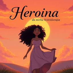 An animated scene featuring a woman with light skin and curly hair walking confidently toward a stunning sunset