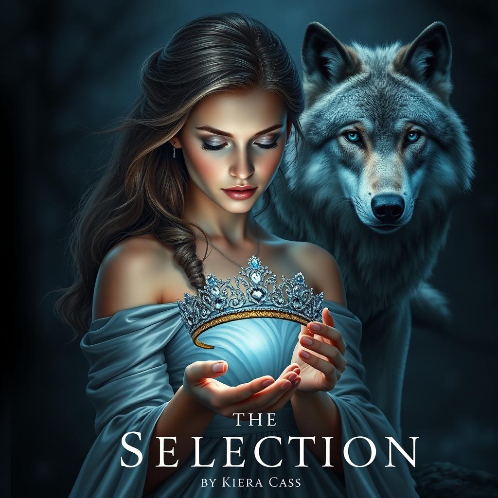 An enchanting book cover inspired by 'The Selection' by Kiera Cass, featuring a young woman with captivating sapphire blue eyes, gazing determinedly at a shimmering diadem in her hands