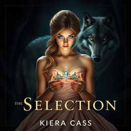 An enchanting book cover inspired by 'The Selection' by Kiera Cass, featuring a young woman with captivating sapphire blue eyes, gazing determinedly at a shimmering diadem in her hands