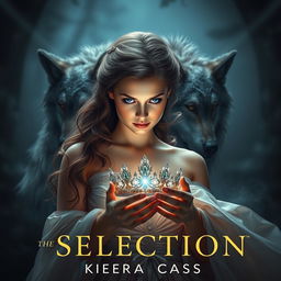 An enchanting book cover inspired by 'The Selection' by Kiera Cass, featuring a young woman with captivating sapphire blue eyes, gazing determinedly at a shimmering diadem in her hands