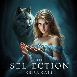 An enchanting book cover inspired by 'The Selection' by Kiera Cass, featuring a young woman with captivating sapphire blue eyes, gazing determinedly at a shimmering diadem in her hands