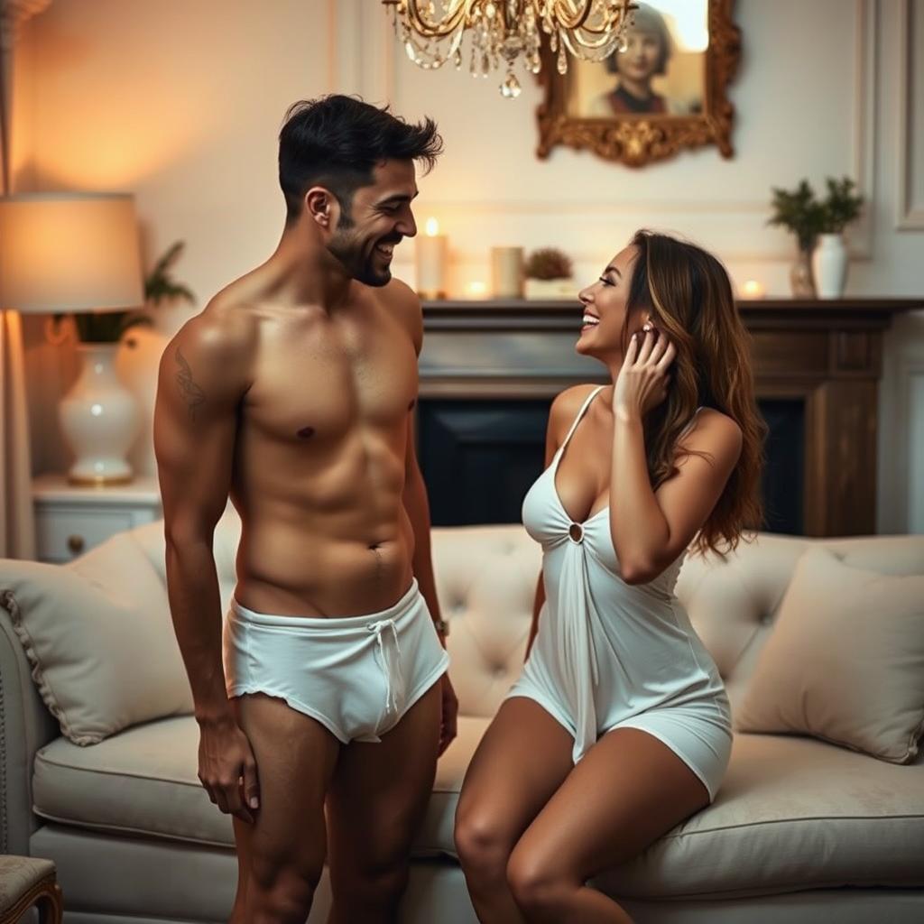 A romantic and playful scene featuring a couple dressed in minimal clothing, capturing a sense of intimacy and connection between them