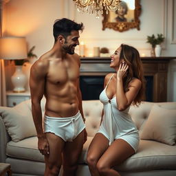 A romantic and playful scene featuring a couple dressed in minimal clothing, capturing a sense of intimacy and connection between them