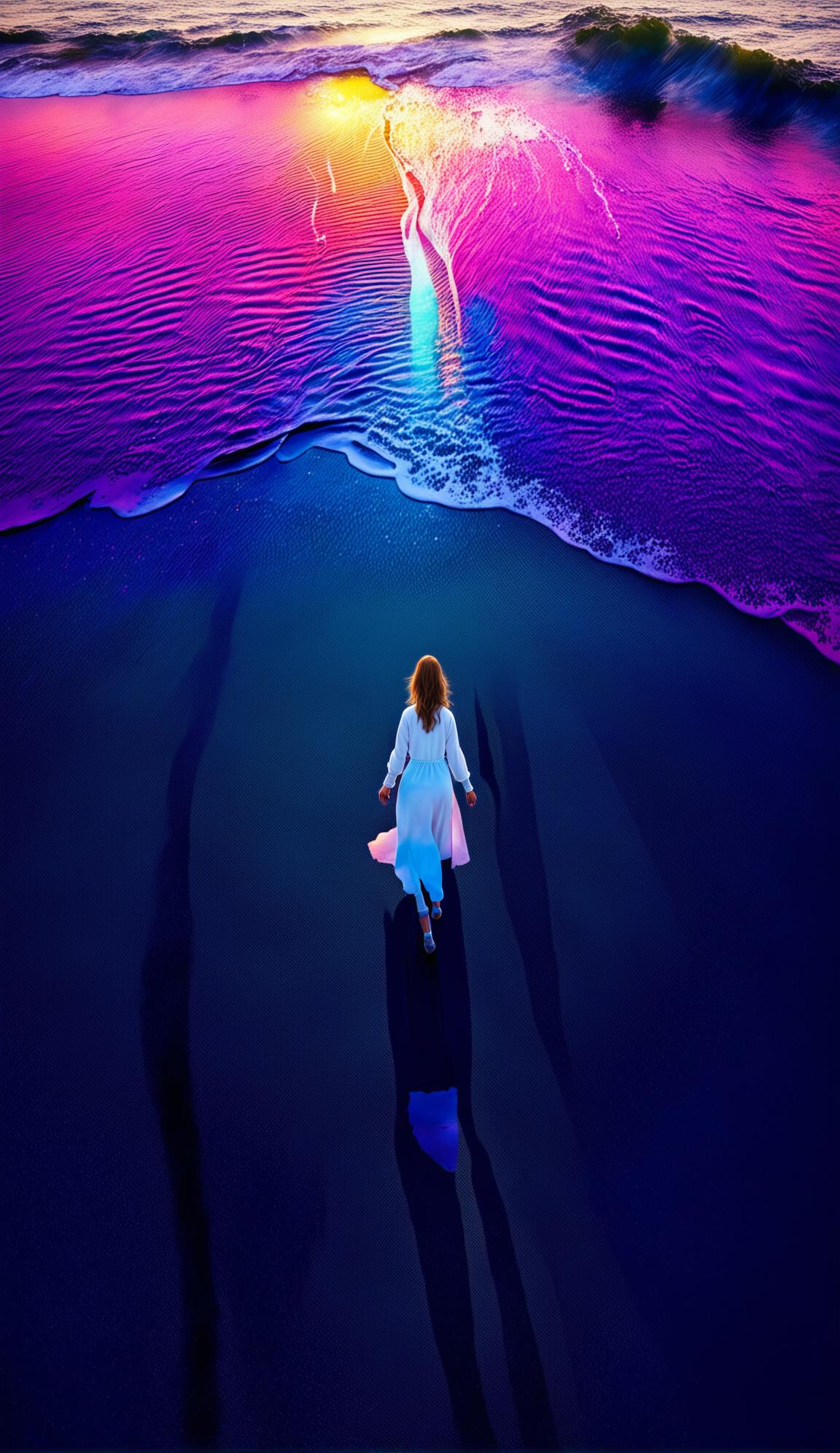 Upside-down ocean landscape with a woman in white walking on sand under an extremely detailed sunrise. The scene is gritty, psychedelic, and everything appears wet.