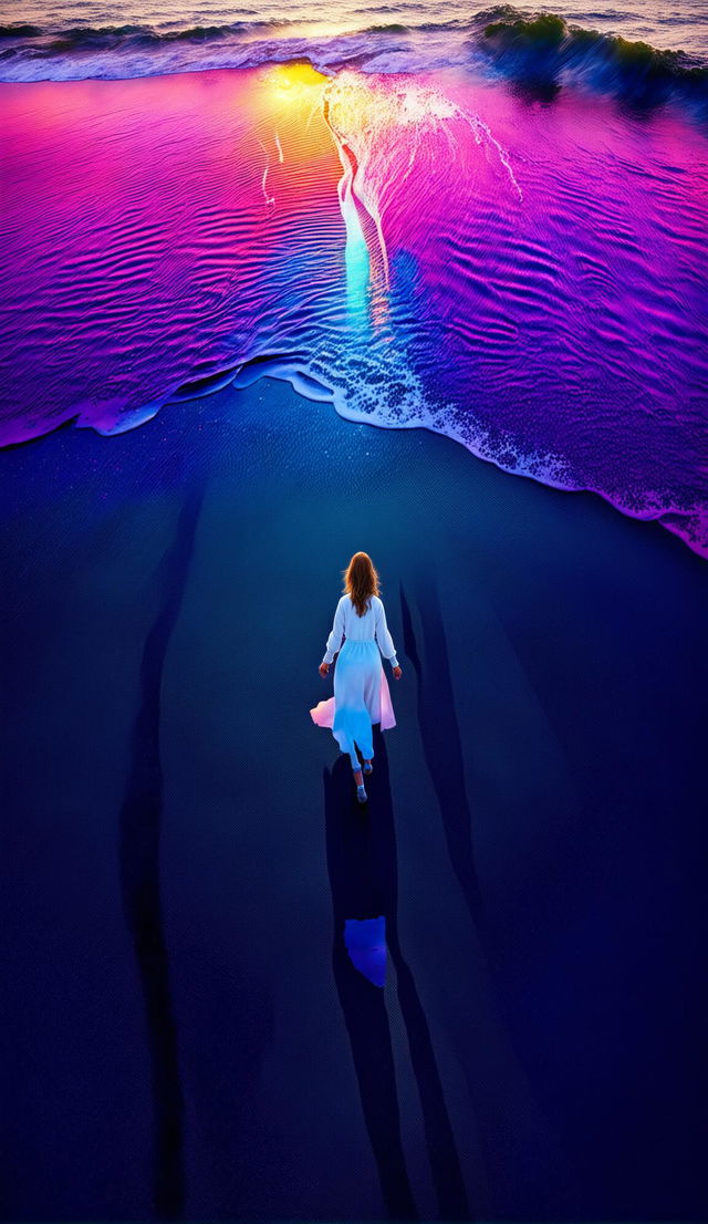 Upside-down ocean landscape with a woman in white walking on sand under an extremely detailed sunrise. The scene is gritty, psychedelic, and everything appears wet.