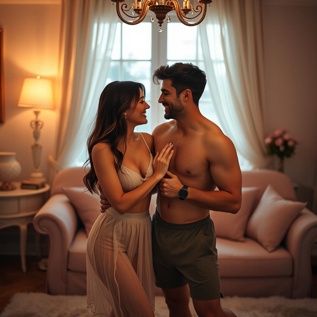 A romantic and playful scene featuring a couple dressed in minimal clothing, capturing a sense of intimacy and connection between them