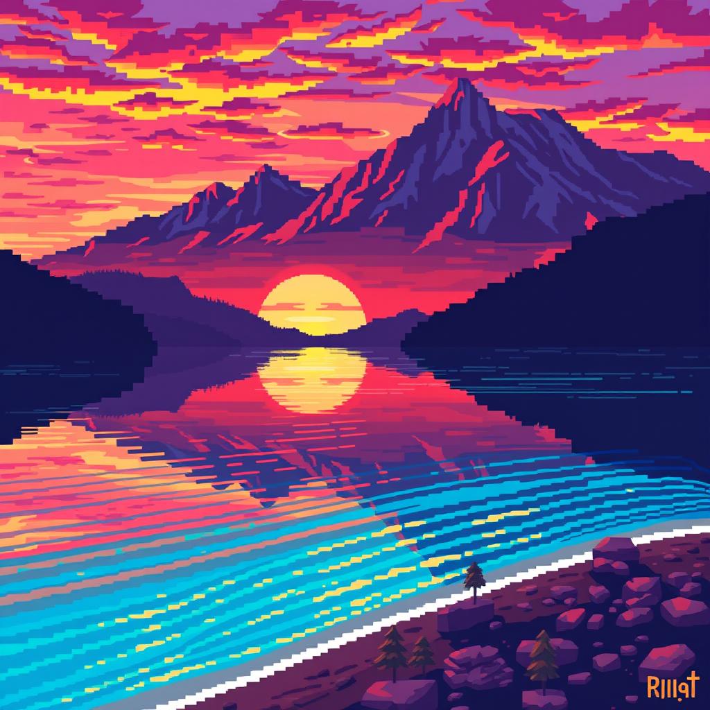 A beautiful pixel art scene featuring a serene mountain landscape, with a crystal-clear lake reflecting the vibrant colors of the sunset