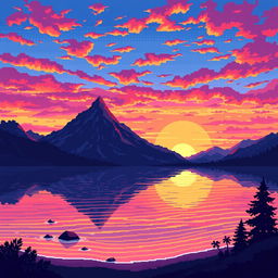 A beautiful pixel art scene featuring a serene mountain landscape, with a crystal-clear lake reflecting the vibrant colors of the sunset