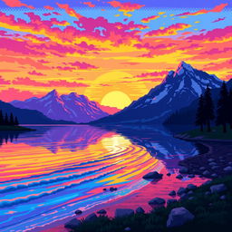 A beautiful pixel art scene featuring a serene mountain landscape, with a crystal-clear lake reflecting the vibrant colors of the sunset