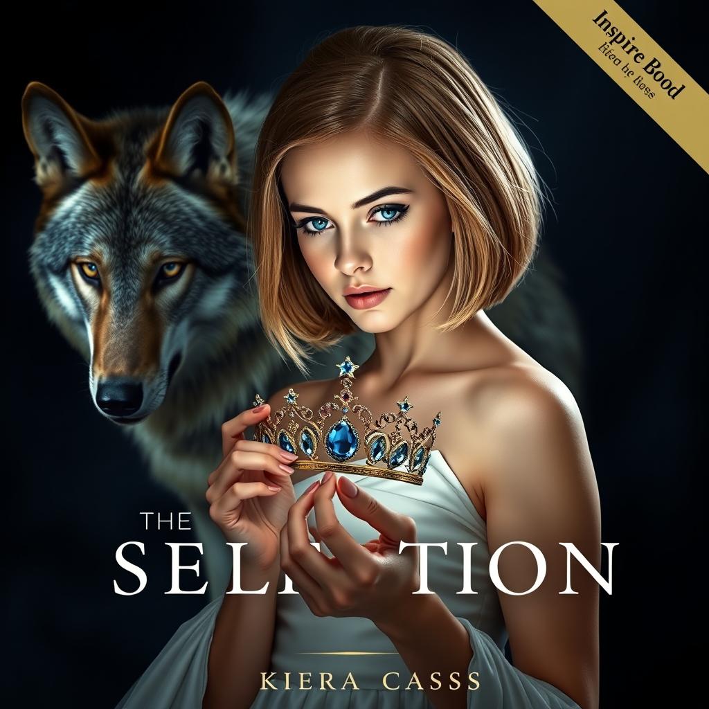 A captivating book cover inspired by 'The Selection' by Kiera Cass, featuring a young woman with sparkling sapphire blue eyes and light chestnut hair styled in a chic bob, gazing with determination at a beautiful diadem in her hands